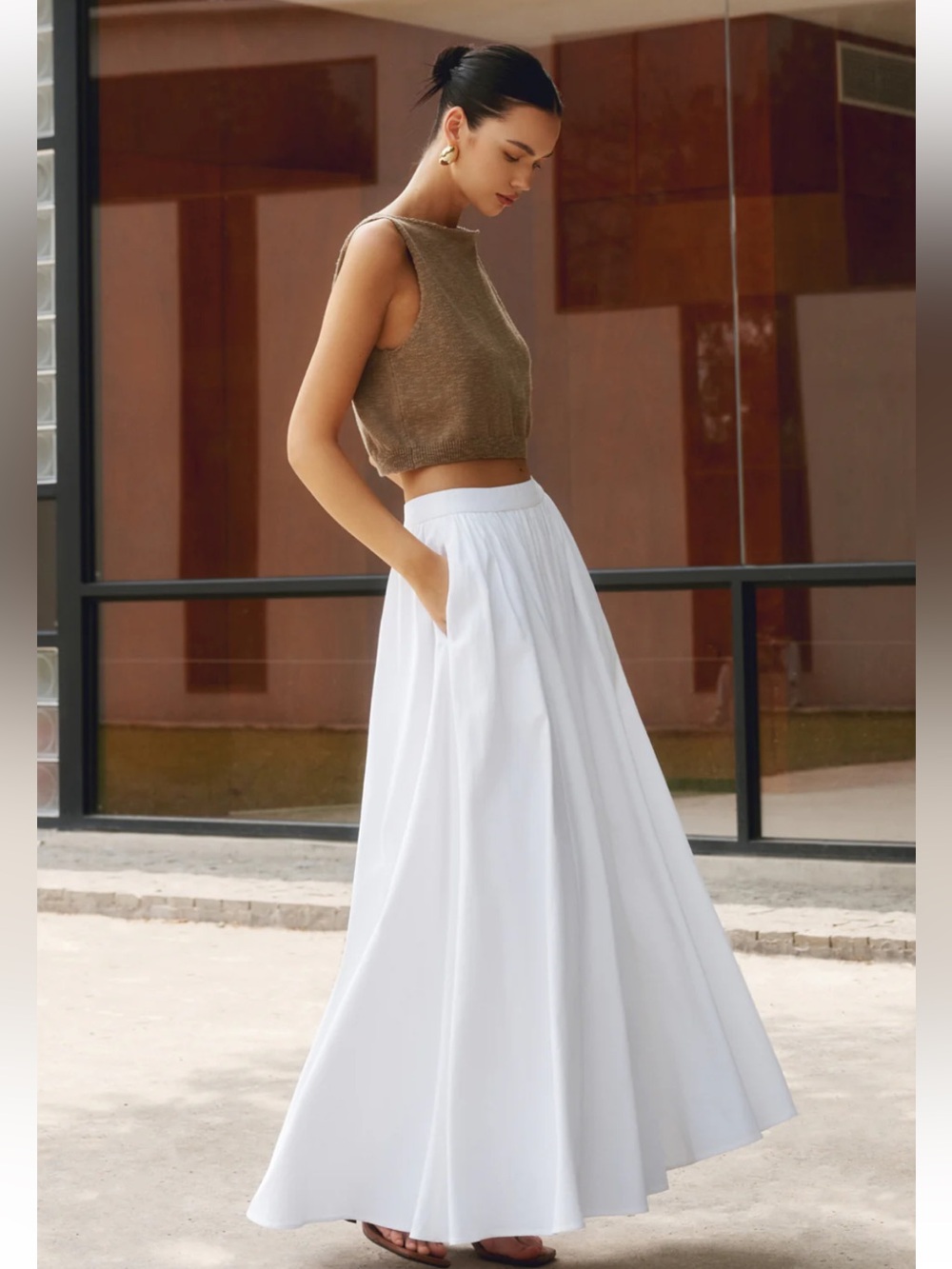 NWT Commense Cotton Pleated White Maxi Skirt with Side Pockets- size XL